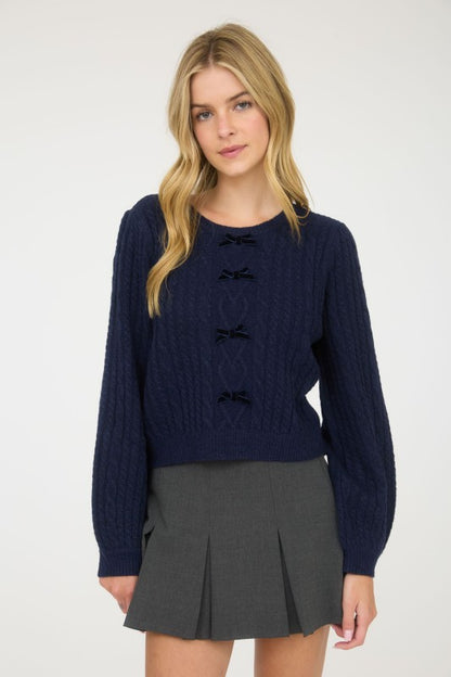CABLE KNIT FRONT VELVET BOW DETAIL KNIT SWEATER