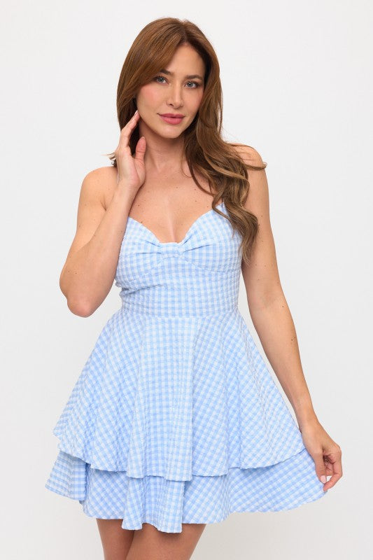 GINGHAM BOW BUST TIE BACK MINI DRESS