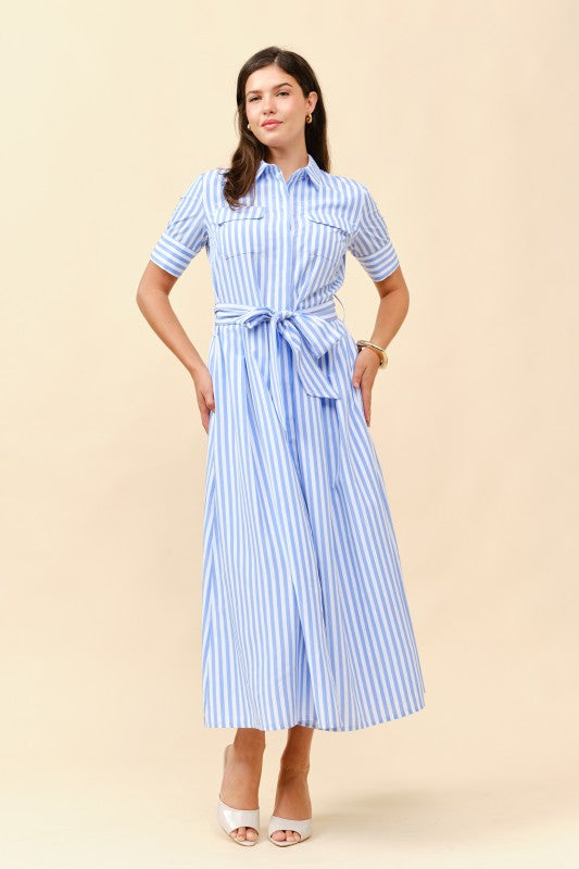 SHORT SLEEVES STRIPE BUTTON FRONT MIDI DRESS
