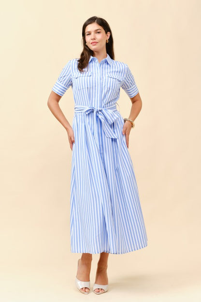 SHORT SLEEVES STRIPE BUTTON FRONT MIDI DRESS