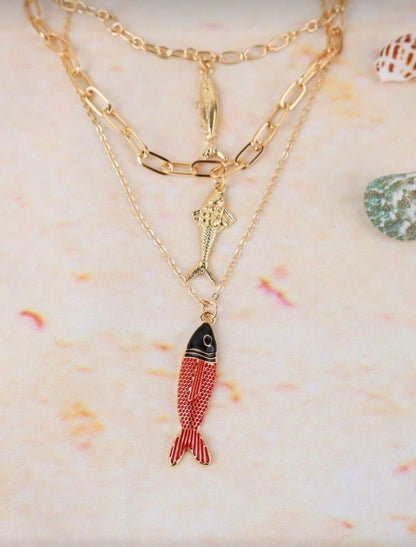 3 PCS VINTAGE FISH PENDANT GOLD NECKLACES