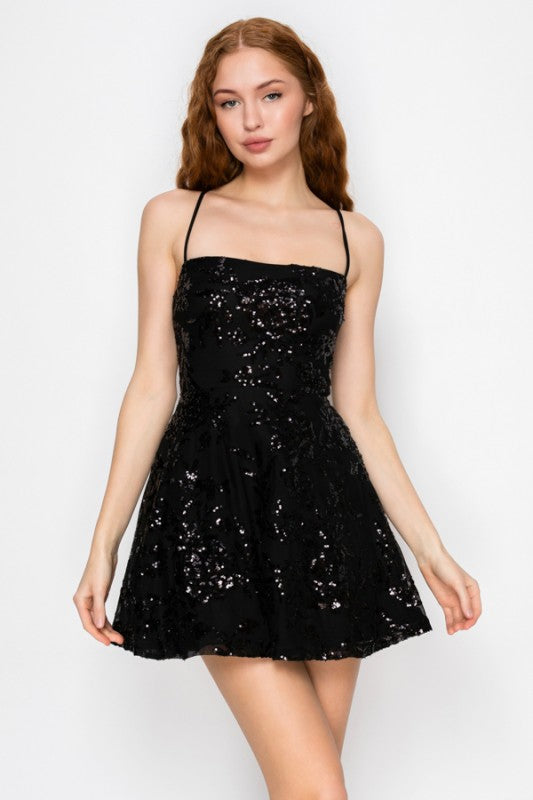 SEQUIN FIT AND FLARE MINI COCKTAIL DRESS