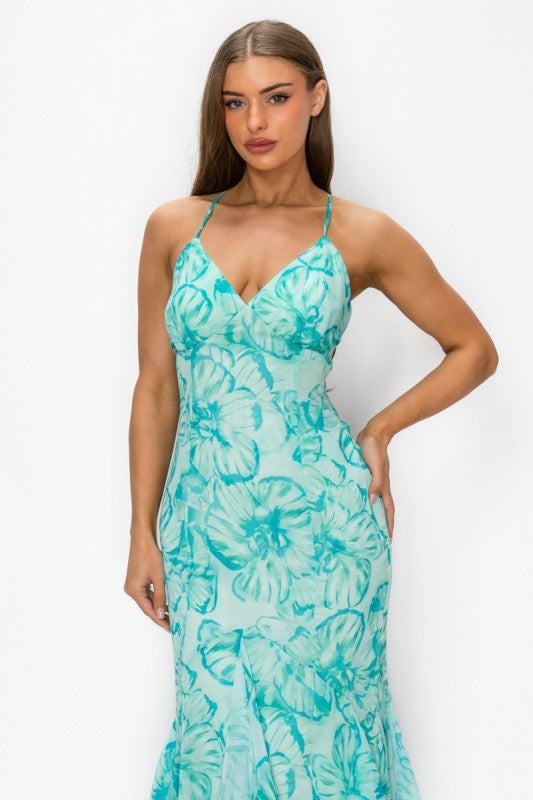 FLORAL HALTER PRINTED MAXI DRESS WITH OPEN BACK
