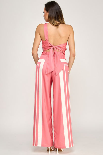 GEOMETRIC PRINTED ASYMMETRICAL TOP PANTS SET