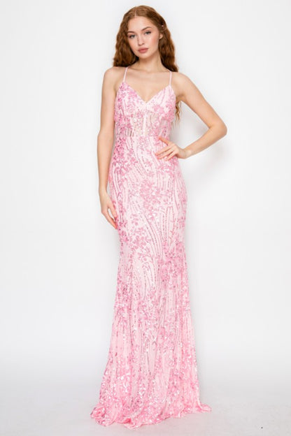 FLORAL SEQUIN MERMAID MAXI COCKTAIL DRESS