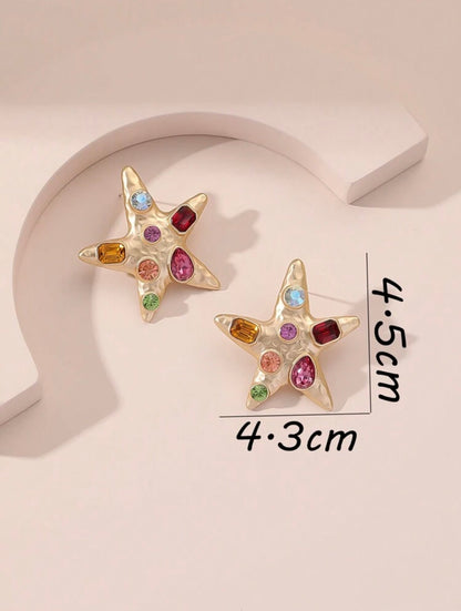 GOLD & MULTI COLOR RHINESTONE STARFISH EARRINGS