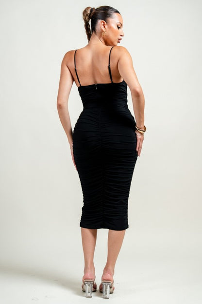 SWEETHEART RUCHED BODYCON MIDI PARTY DRESS