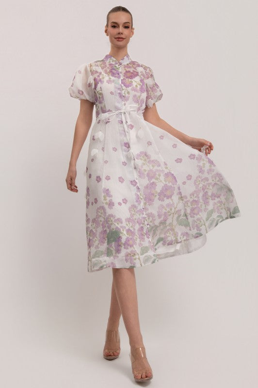 SHORT SLEEVES BUTTON DOWN FLORAL MIDI DRESS