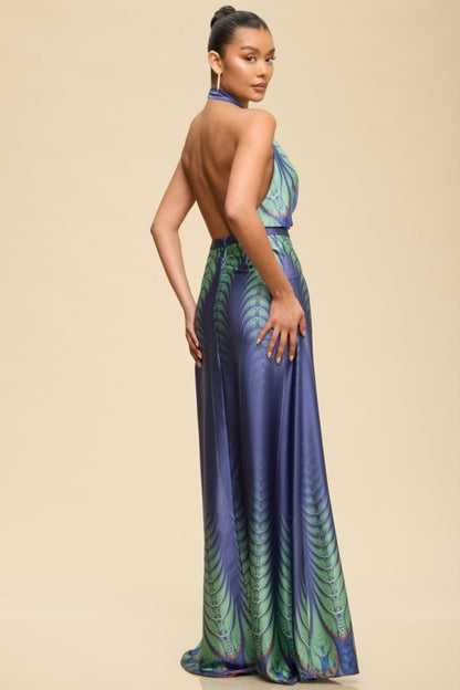 HALTER SATIN PRINTED MAXI SUMMER DRESS