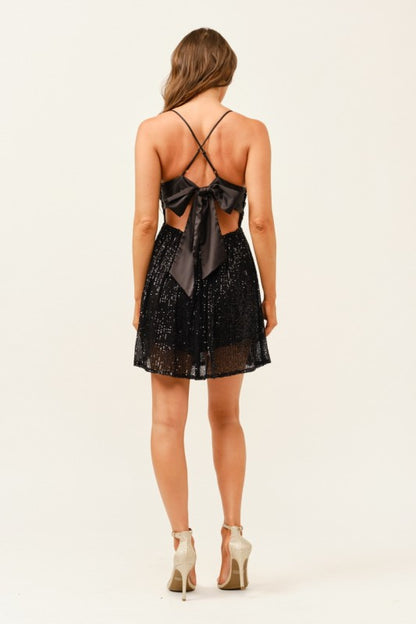 SEQUIN BOW BACK A LINE MINI DRESS