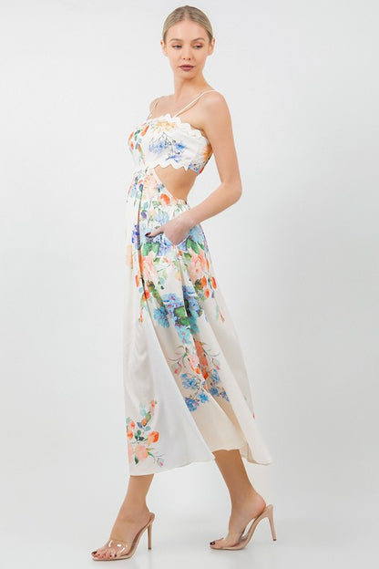 FLORAL PRINTED CUT OUT MIDI DRESS