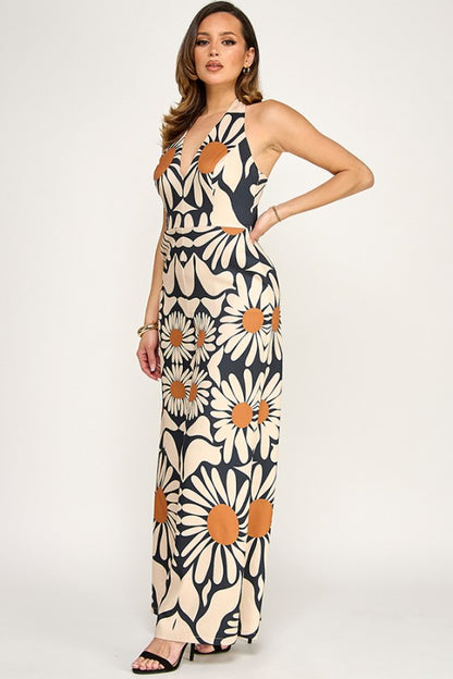 PRINTED HALTER NECK SLEEVELESS JUMPSUIT