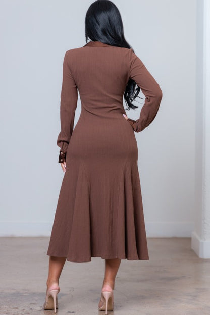 SATIN COLLAR PLEATED MIDI KNIT DRESS