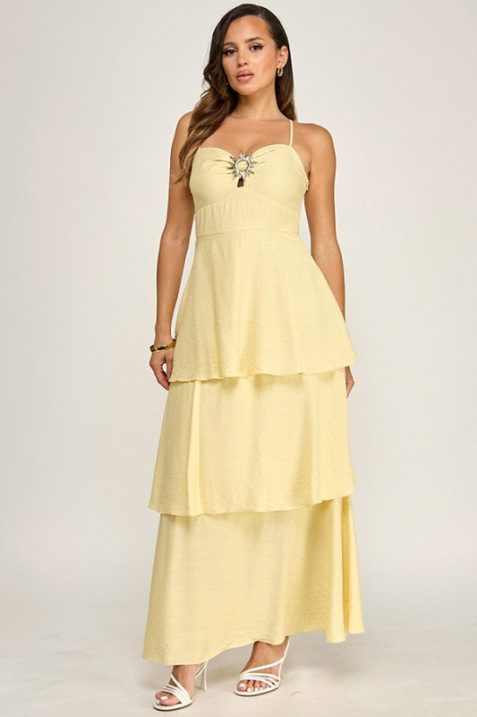 ADJUSTABLE STRAP TIERED MAXI DRESS W GOLD METAL TRIM