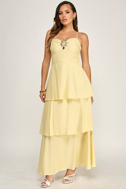 ADJUSTABLE STRAP TIERED MAXI DRESS W GOLD METAL TRIM