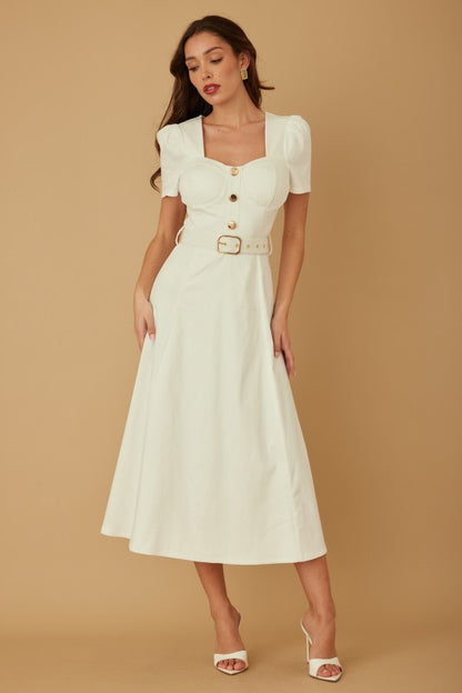 DENIM PUFF SHOULDER MIDI DRESS