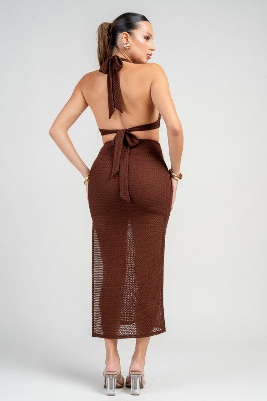 MIDI HALTER NECK DRESS WITH GOLD TRIM