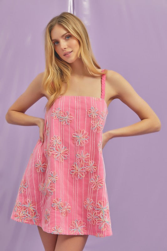 LACE SLEEVELESS MINI PARTY DRESS WITH BRAID STRAP