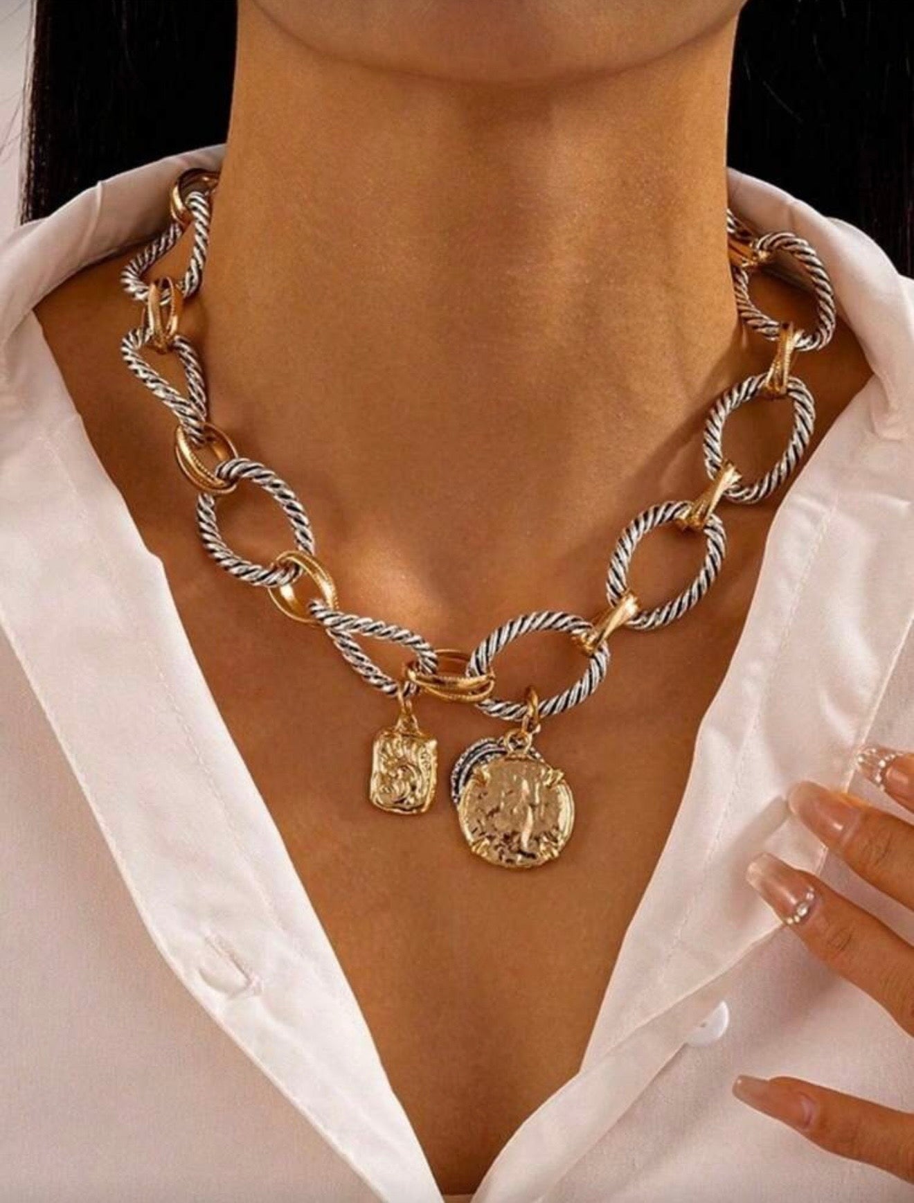 Coin Twist Chain Necklace, Geometric Pendant Necklace