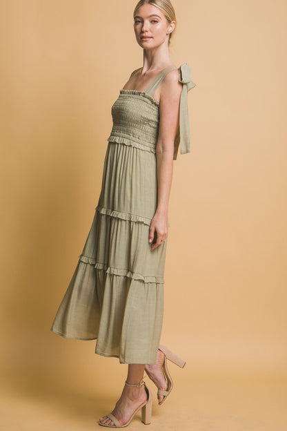 PLEATED SMOCKED MIDI DRESS