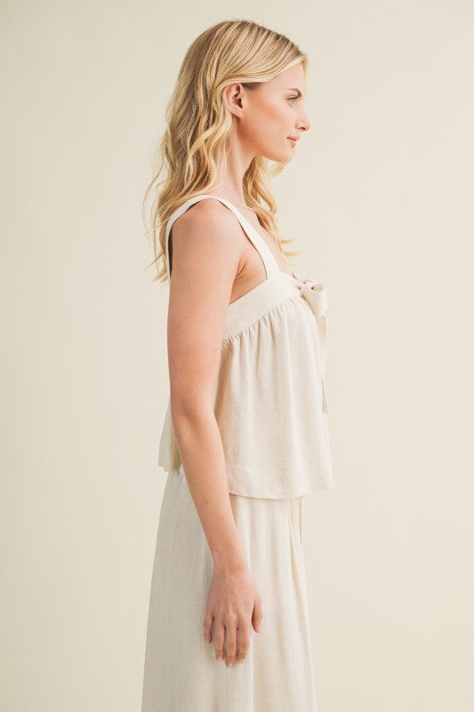 FRONT TIE SLEEVELESS TOP WIDE PANTS SET