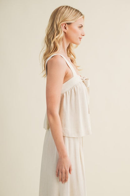 FRONT TIE SLEEVELESS TOP WIDE PANTS SET