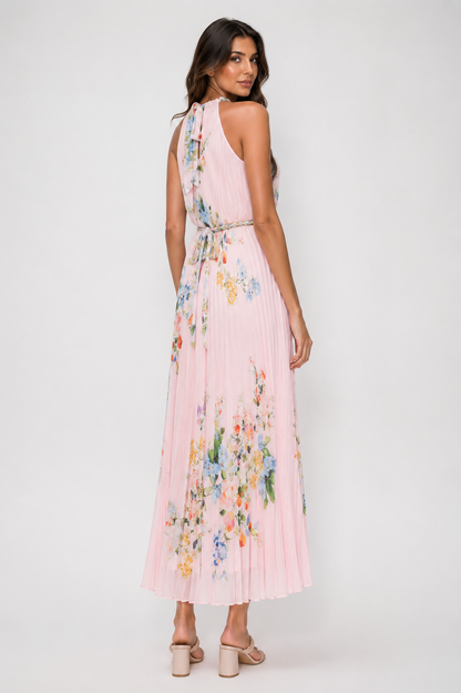 FLORAL PLEATED HALTER MAXI DRESS