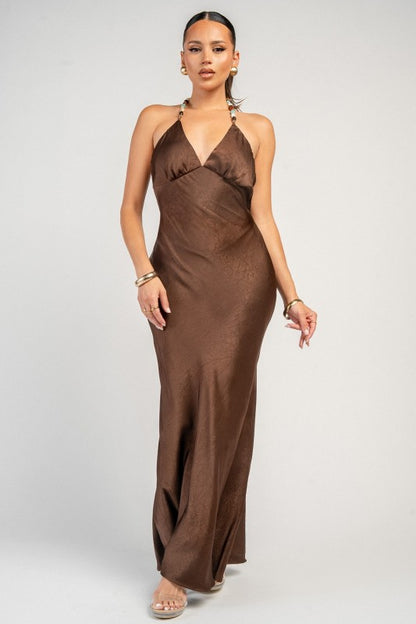 TEXTURED SATIN WITH COLOR STONE TRIM MAXI DRESS