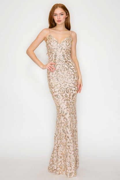SEQUIN EMBELLISHED CORSET MAXI MERMAID COCKTAIL DRESS