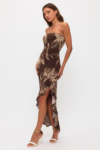 FLORAL BACK CLOSURE RUFFLE SLIT MAXI DRESS