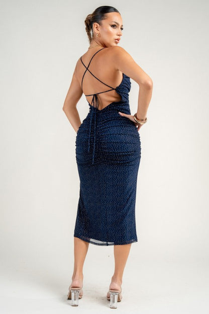 COWL NECK X BACK TIE FRONT SLIT RUCHING MIDI DRESS