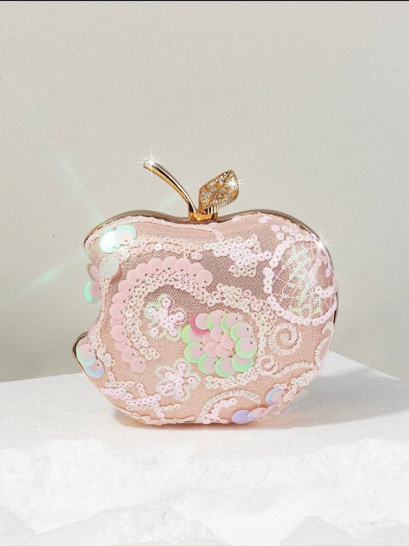 PINK APPLE SHAPED SEQUIN EVENING CLUTCH