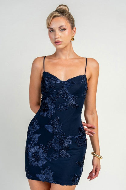 3D FLORAL MESH CORSET TOP BODYCON MINI PARTY DRESS