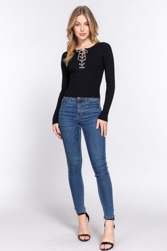 FRONT LACE UP w/JEWEL STRING SWEATER