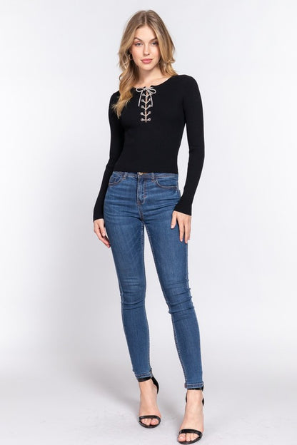 FRONT LACE UP w/JEWEL STRING SWEATER