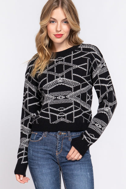 LONG SLV AZTEC PATTERN JACQUARD SWEATER