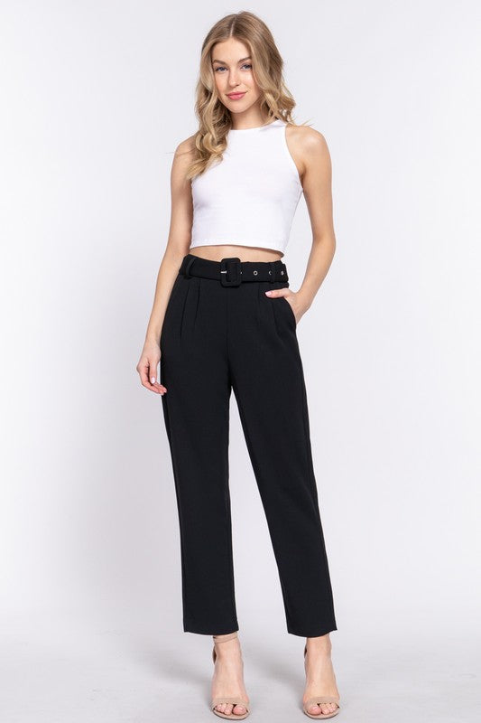 FRONT POCKET BELTED STRETCH PANTS