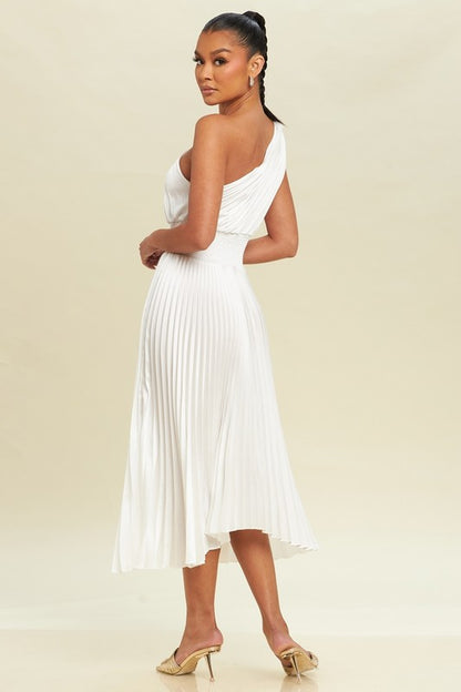 OFF SHOULDER PLEATED MIDI DRESS