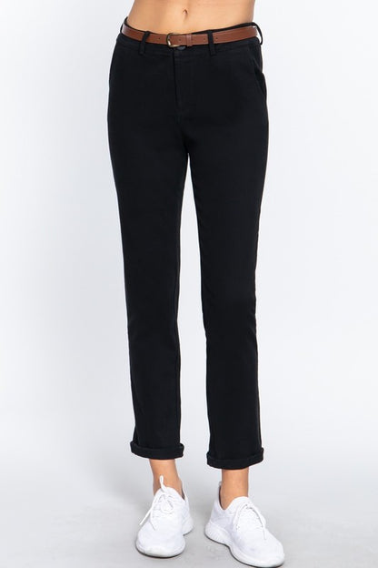 COTTON SPANDEX TWILL LONG PANTS WITH BELT