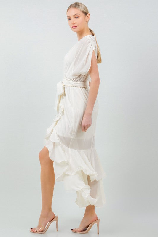 SOLID TIE WAIST RUFFLE MIDI DRESS