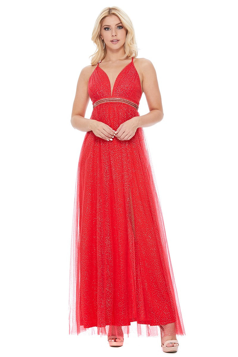 DEEP V SPARKLE TULLE GOWN DRESS