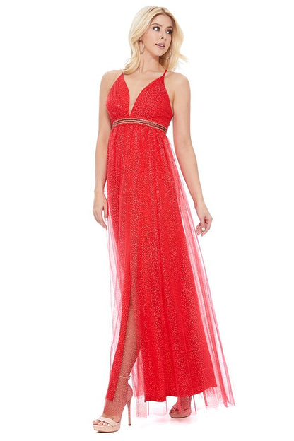 DEEP V SPARKLE TULLE GOWN DRESS