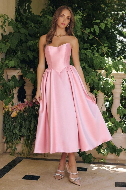 STRAPLESS NECKLINE MIDI SATIN COCKTAIL DRESS
