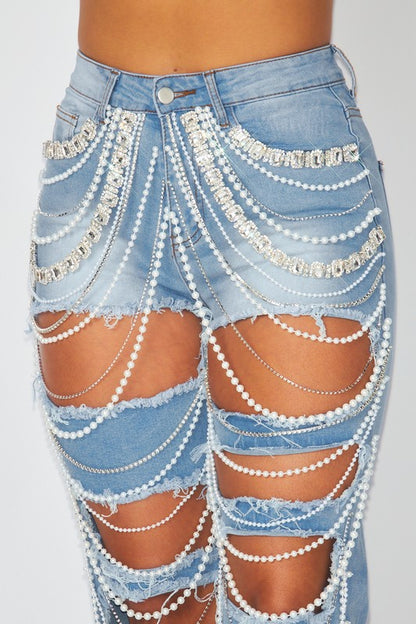 RIPPED DENIM PANTS WITH RHINESTONES