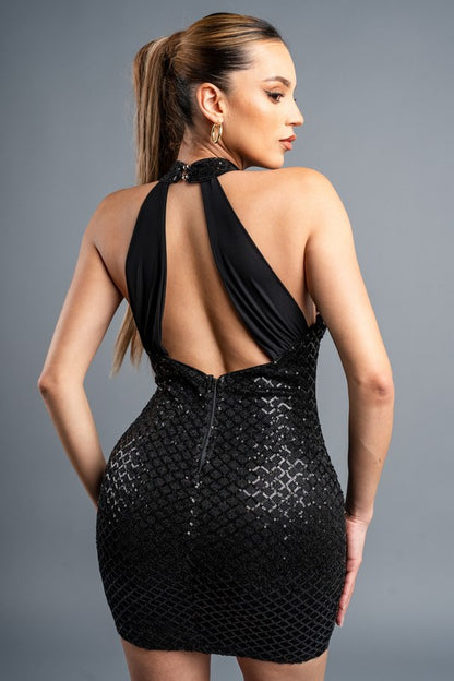 GLAM SEQUINS HALTER OPEN BACK MINI DRESS