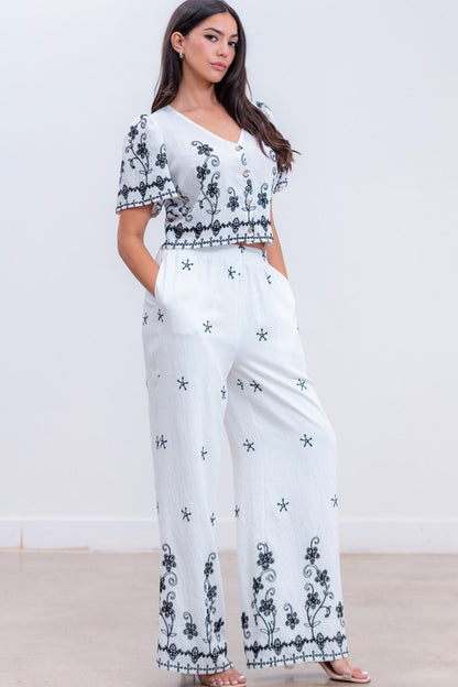 BUTTON UP EMBROIDERED TOP AMD PANTS SET