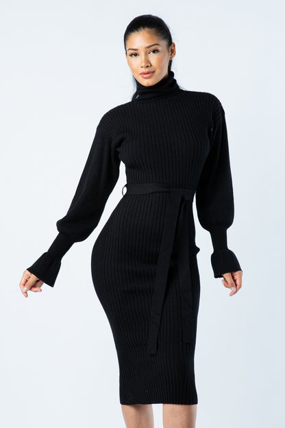 TURTLE NECK RIBBED MIDI Knit DRESS LONG SLEEVE BELTED