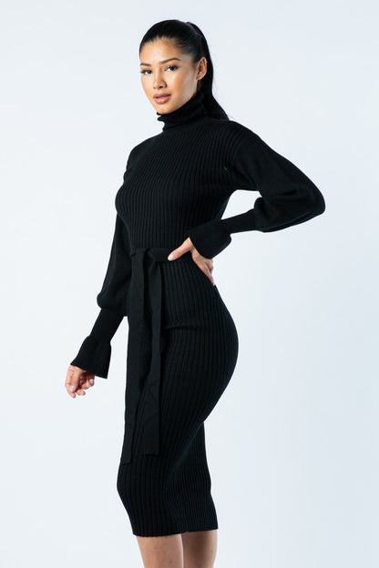 TURTLE NECK RIBBED MIDI Knit DRESS LONG SLEEVE BELTED