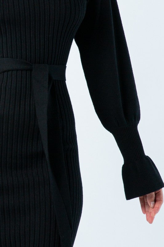 TURTLE NECK RIBBED MIDI Knit DRESS LONG SLEEVE BELTED