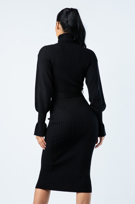 TURTLE NECK RIBBED MIDI Knit DRESS LONG SLEEVE BELTED